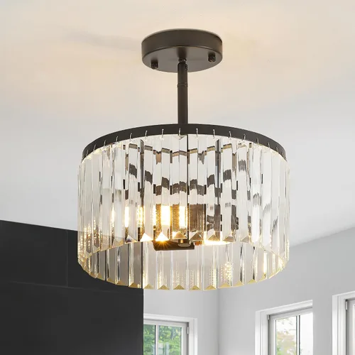 Vista 5 de Moderna lámpara de techo de cristal semiempotrada negra de 12" para comedor, candelabro pequeño de lujo glamoroso de 2 luces para dormitorio