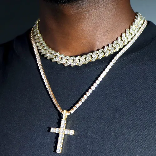 Vista 2 de Cadena de eslabones cubanos para hombres y mujeres, collar de cruz para hombres y mujeres, cadena helada, cadena de eslabones cubanos de Miami