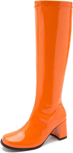 Vista 11 de LIURUIJIA Botas Gogo de mujer, hasta la rodilla, tacón ancho, punta cuadrada, estilo años 60 y 70, botas de disfraz de discoteca Blanco