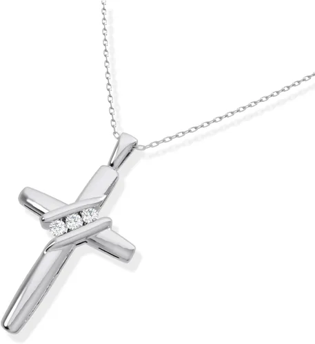 Vista 2 de Collar con colgante de cruz de tres piedras de diamantes de 10 quilates (0.05 cttw, I-JI2-I3) de 18 pulgadas, Diamante y oro, Diamante