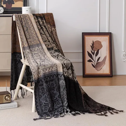 Vista 9 de Manta Boho, Manta de Chenilla Jacquard con Borlas para Cama Sofá Silla Suave, Borlas con Flecos Bohemias (Negro, S:60x75)