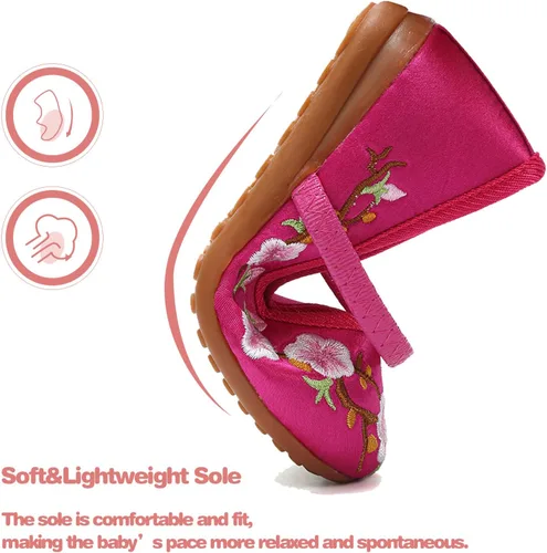 Vista 5 de Encanto - Zapatos de disfraz de Mary-Jane, zapatos planos de punta redonda, cuña baja, zapatos de ballet con bordado floral para niñas, Halloween