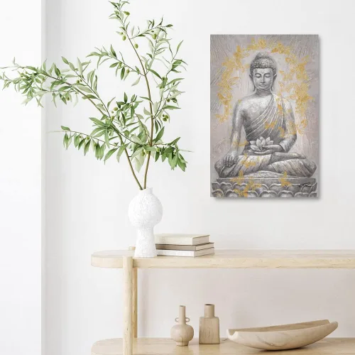 Vista 6 de Yidepot Lienzo decorativo de Buda para pared, lámina dorada: estatua zen con textura de flor de loto para budismo, decoración de pared, carteles