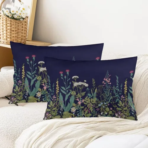 Vista 3 de Juego de 2 fundas de almohada florales de tamaño Queen, color verde salvia, plantas de flores silvestres, hierbas florales vintage y botánicas