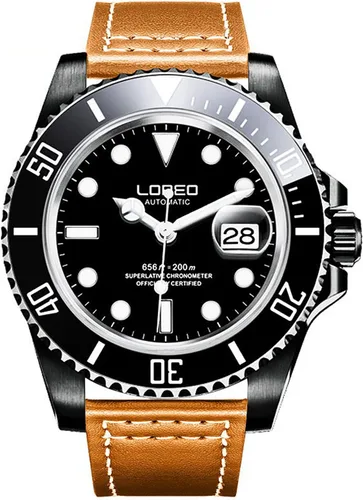 Vista 2 de LOREO Reloj automático de cuero con bisel giratorio para hombre, acero inoxidable, cristal de zafiro, color negro, Negro -, Mecánico