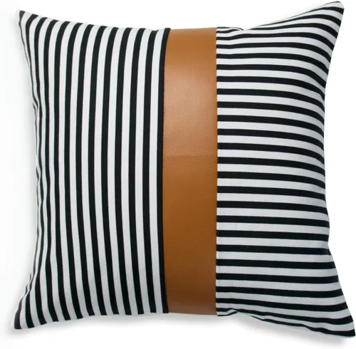 Vista 9 de Hofdeco Funda de almohada de piel sintética y 100% algodón, diseño moderno a rayas color negro camel, 12 x 20 pulgadas