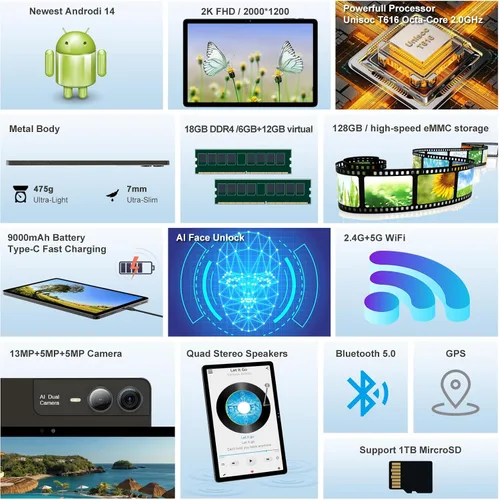 Vista 5 de Tablet Android 14 de 11 pulgadas 2000*1200 Pantalla 2K Tablets PC, T616 Octa-Core 2.0GHz, 18GB RAM 128GB ROM 1TB Expandible, Cámara AI 5+5+13MP