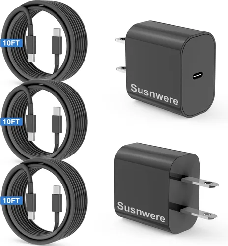 Vista 14 de Susnwere - Cargador de pared USB C de 85 W para Samsung S26 Ultra, 3 puertos de 100 W PD rápida 3.0 tipo C carga con cable USB C de 3/6/10/10 pies