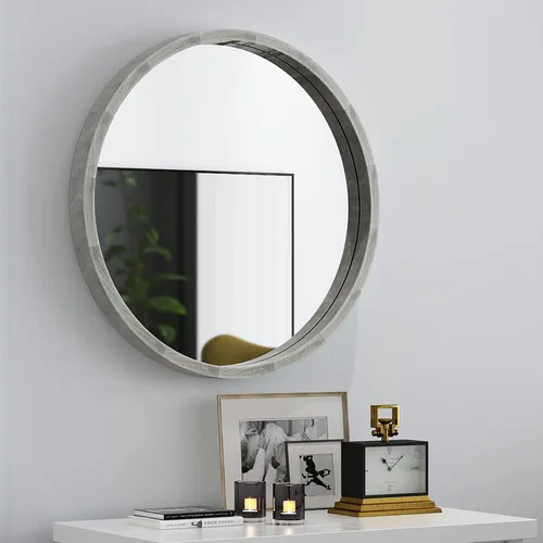 Vista 9 de LYYYXGYP Espejo redondo de madera de 24 pulgadas, espejo de pared de granja con marco de madera, espejo circular marrón para baño Espejo de baño