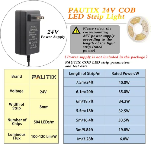 Vista 4 de PAUTIX COB - Tira de luces LED blancas de 5000 K, 20 pies/20.0 ft, cinta LED flexible CRI90+, DC24V para proyectos de iluminación de bricolaje