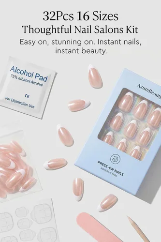 Vista 9 de AzureBeauty Short Almond French Tip Press On Nails, Glazed Donut, 32 Pcs 0-Glazed Donut French Tip