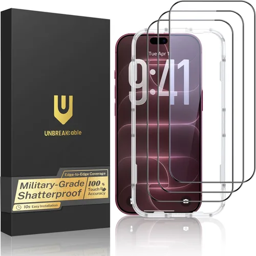 Vista 17 de UNBREAKcable Paquete de 3 protectores de pantalla para iPhone 15 Pro Max, vidrio templado doble inastillable [marco de fácil instalación]