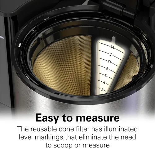 Vista 2 de Hamilton Beach Cafetera programable de 14 tazas con medidor fácil de medir, filtro reutilizable iluminado, depósito de agua extraíble de 70 oz