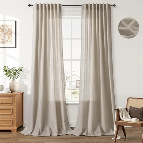 Vista 9 de Aersas Aqua Green Linen Curtains 84 Inches Long 2 Panels Set Back Tab Rod Pocket Living Room Curtain Farmhouse Rustic Light Filtering Hook Drapes