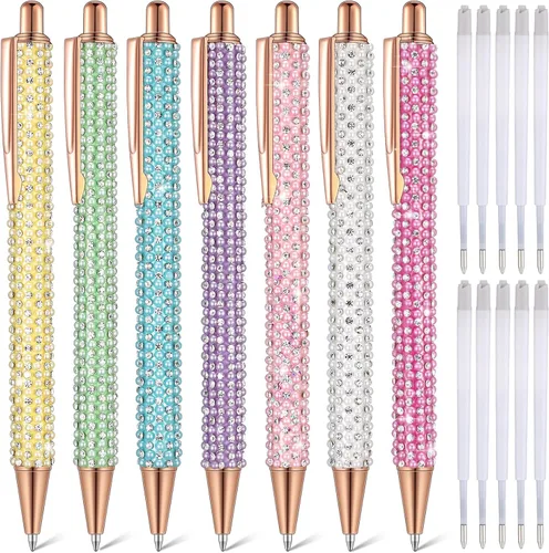 Vista 9 de Sherr 7 bolígrafos elegantes para mujer, lindos bolígrafos de purpurina brillantes con 10 recambios de tinta negra, bonitos regalos para niñas