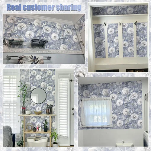 Vista 5 de Jeweluck Papel tapiz de contacto floral de 16.9 x 118.1 pulgadas, papel de contacto azul vintage para despegar y pegar, diseño de diente de león