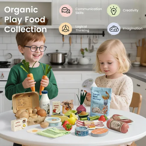 Vista 2 de Tiny Land Juego de lácteos y bebidas de madera, 7 piezas de juguete de comida de simulación con leche, jugo y queso, divertido accesorio de cocina