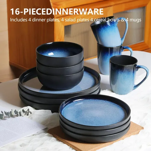 Vista 3 de 16 Pieces Plates and Bowls Sets, Ceramic Dinnerware Sets for 4