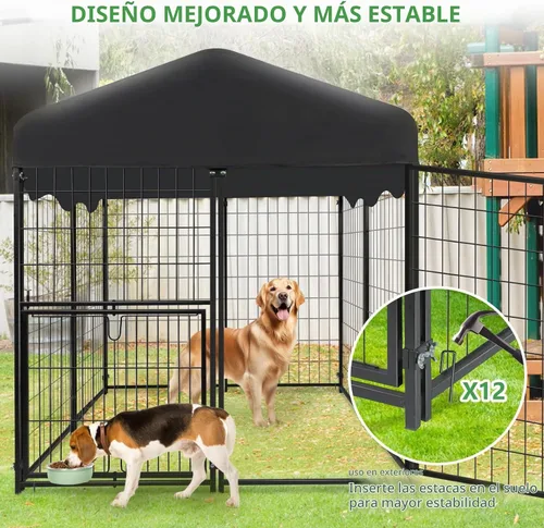Vista 6 de Perrera para Perros al Aire Libre 4x4.2x4.5 pies, Perrera Exterior para Perros con Techo, Perreras Grandes para Perros con Puerta Giratoria y 2