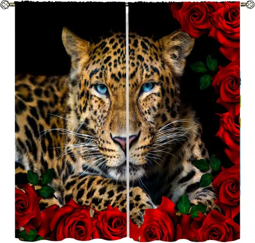 Vista 13 de Cortinas de ventana de leopardo con rosas rojas, tratamiento de ventana de vida silvestre africana para niños y niños, cortinas de ventana