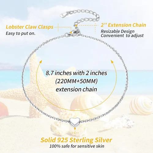 Vista 4 de ChicSilver - Personalizado 925 plata de ley, diminuto corazón, luna, estrella, sol, punto, triángulo. Tobilleras sencillas, joyas para el pie