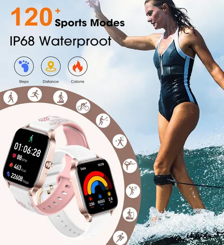 Vista 5 de Reloj inteligente para mujer (respuesta/hacer llamadas), pantalla HD de 1.83 pulgadas, frecuencia cardíaca 24/7/Spo2/Sleep/Monitor, podómetro