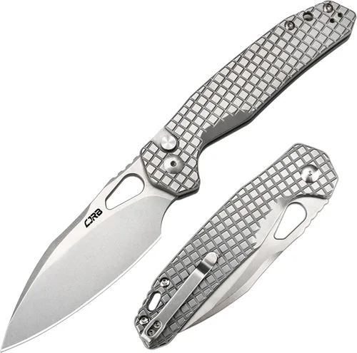 Vista 8 de CJRB Cuchillo de bolsillo Frack, hoja de acero AR-RPM9 de 3.9 pulgadas, con revestimiento de PVD, mango de acero EDC, cuchillo de bloqueo de botón