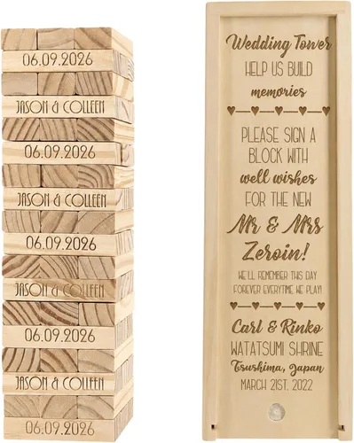Vista 12 de WE Games Alternativa de libro de invitados de boda personalizado, caja de recuerdos de madera, 54 bloques, grabado personalizado