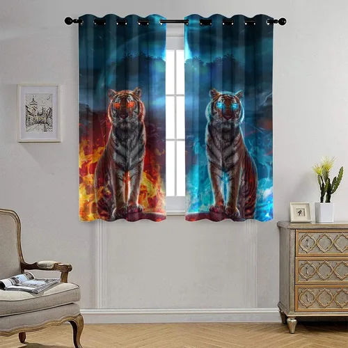 Vista 4 de Cool King of The Forest - Cortinas opacas con diseño de tigre anime, fantasía, animal, fuego, tigre, hielo, con ojales, ahorro de energía, 2
