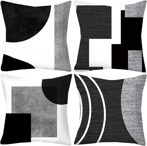 Vista 12 de Juego de 4 fundas de almohada geométricas abstractas de 18 x 18 pulgadas, color negro y gris, fundas cuadradas decorativas para sofá Abstracto 2