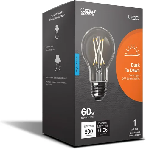 Vista 2 de Feit Electric Bombilla LED integrada con sensor de atardecer a amanecer, filamento transparente A19 con una bombilla de base media E26, equivalente