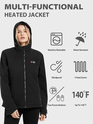 Vista 3 de PTAHDUS Chaqueta térmica para mujer con batería de 7.4 V, con bolsillo para calentador de manos