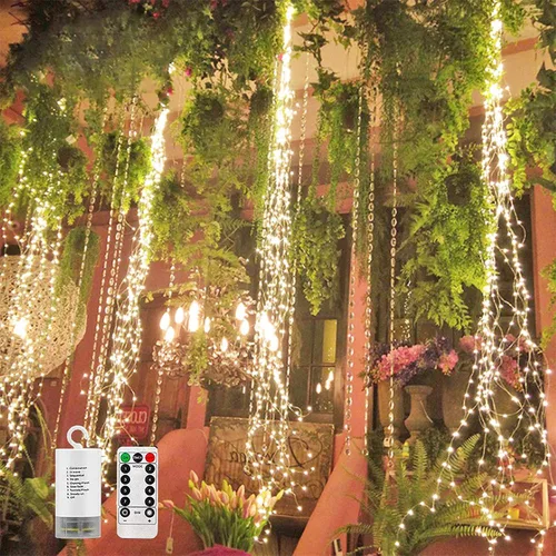 Vista 10 de SHUKAN 11 hebras de 220 luces LED solares de luciérnaga, 8 modos Guirnalda de luces impermeables de alambre de cobre de hadas, decoración de vid