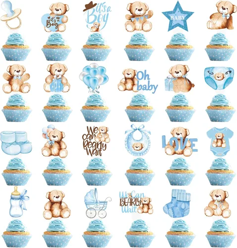 Vista 2 de 48 piezas de decoración para cupcakes con texto en inglés «We Can Bearly Wait» (We Can Wait Cupcake Toppers - Oso de peluche con brillantina)