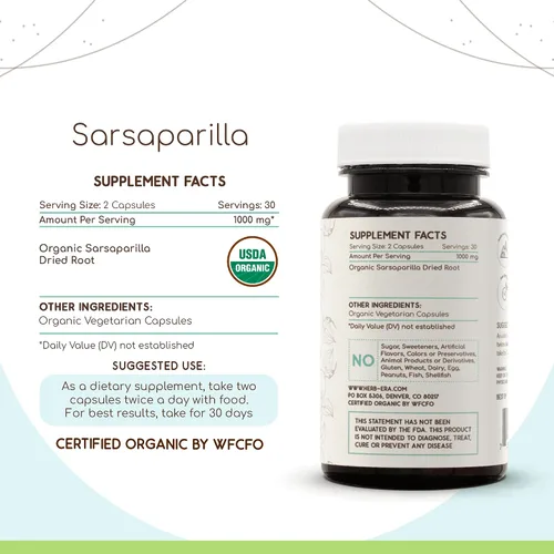 Vista 2 de Sarsaparilla 60 Cápsulas, 500 mg, USDA Organic Sarsaparilla (Hemidesmus indicus) Raíz Seca (60 Cápsulas)
