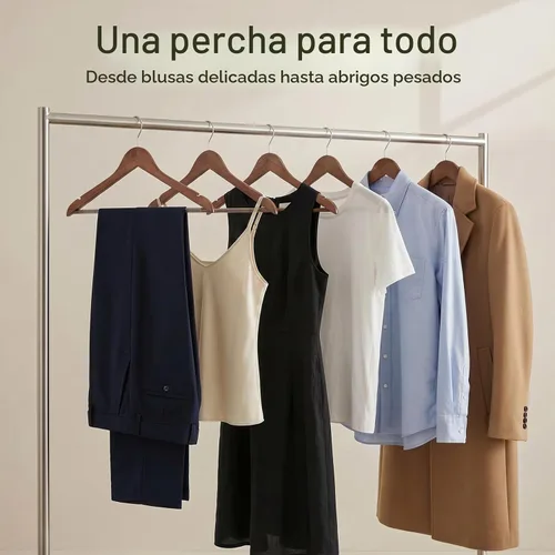 Vista 6 de HOUSE DAY Paquete de 10 perchas de madera resistentes para armario, colgador de madera con acabado liso con barra antideslizante para pantalones