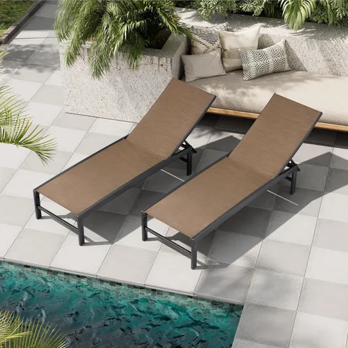 Vista 6 de Chaise Lounge Outdoor, Pool Lounge Set of 2 Tanning Chiars(Brown)
