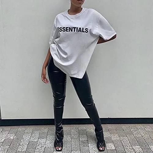 Vista 4 de KMBANGI Pantalones de piel sintética con cordones para mujer, leggings ajustados y huecos, sexys con cordón de poliuretano, ropa de calle de piel