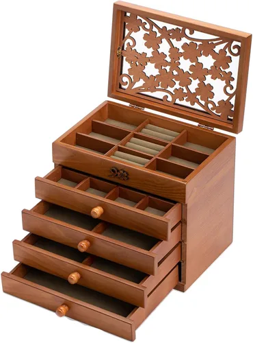 Vista 9 de Changsuo Joyero de madera para mujer con cajones, organizador de almacenamiento de joyas de tamaño mediano con tapa acrílica