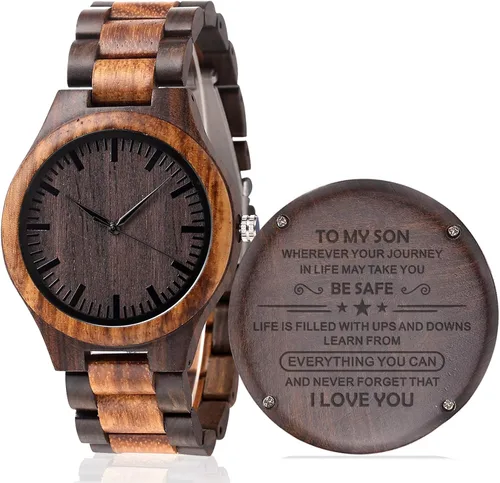 Vista 10 de Reloj de madera grabado personalizado, regalo para hijo de padres como idea de madera personalizada de Navidad, cumpleaños, graduación, con correa