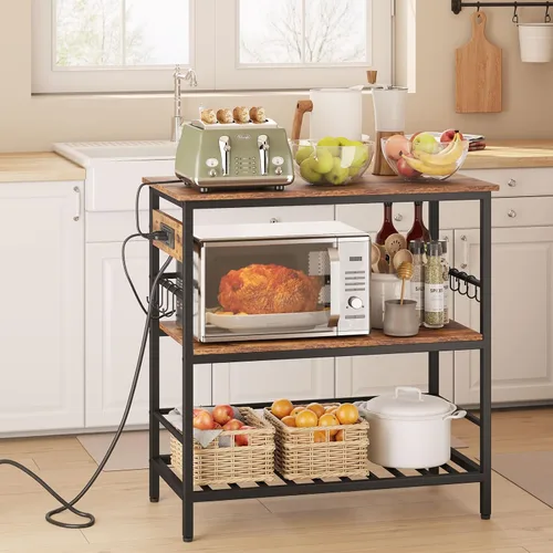 Vista 7 de IBUYKE Isla de cocina con almacenamiento, estante para panaderos con toma de corriente, soporte para microondas con encimera grande, carrito