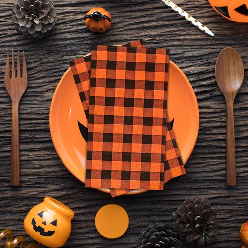 Vista 7 de AnyDesign Servilletas desechables de 100 hojas de Halloween para invitados de Halloween, servilletas de papel a cuadros naranja y negro, servilletas