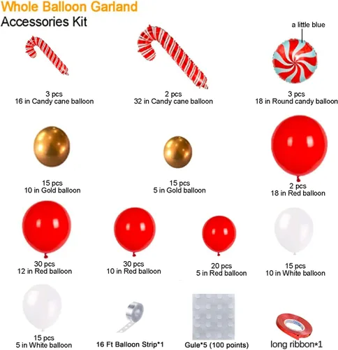 Vista 3 de DBKL Kit de arco de guirnalda de globos de Navidad, 153 piezas con globos de Navidad, rojo, dorado y blanco, globo de aluminio de bastón de caramelo