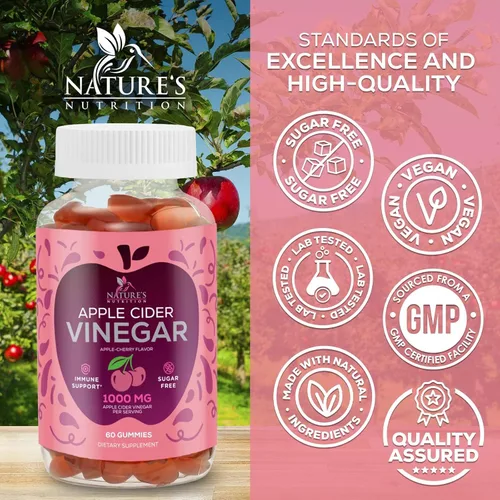 Vista 4 de Gomitas de vinagre de sidra de manzana, 1000 mg por porción, suplemento de vitaminas ACV sin azúcar, vitamina B12 y B6 para energía, soporte