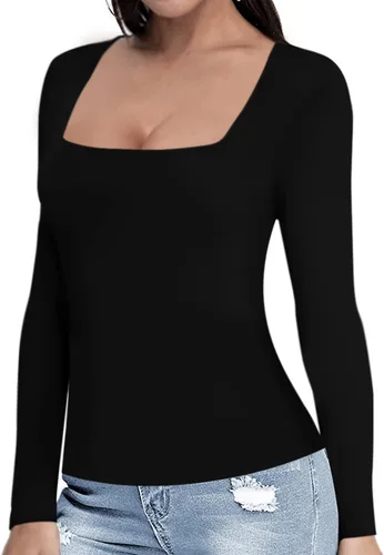 Vista 2 de MANGOPOP - Camisetas de manga corta y manga larga con cuello cuadrado para mujer