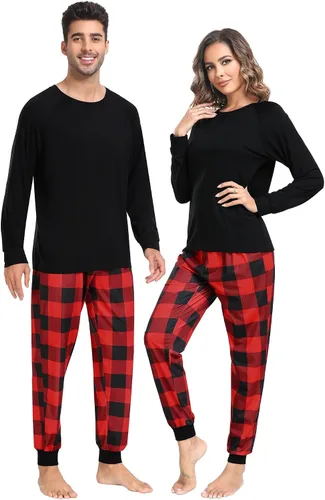 Vista 5 de Sexqero Conjunto de pijama familiar de Navidad a juego para parejas, ropa de dormir con botones y manga larga, a cuadros, conjunto de descanso S-XXL