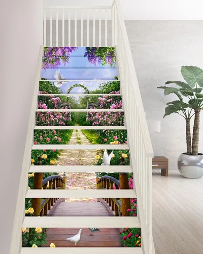 Vista 3 de FLFK Calcomanías para escaleras, calcomanías para escaleras, calcomanías para despegar y pegar, caminos de flores y césped, calcomanías