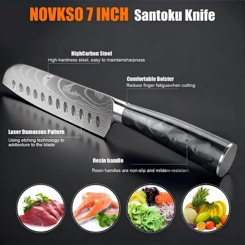 Vista 2 de Cuchillo Santoku de 7 pulgadas, diseño bonito, acero de alto carbono Negro