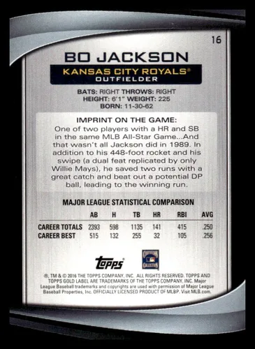 Vista 2 de 2016 Topps Gold Label Class 1#16 Bo Jackson NM-MT Kansas City Royals Baseball Trading Card