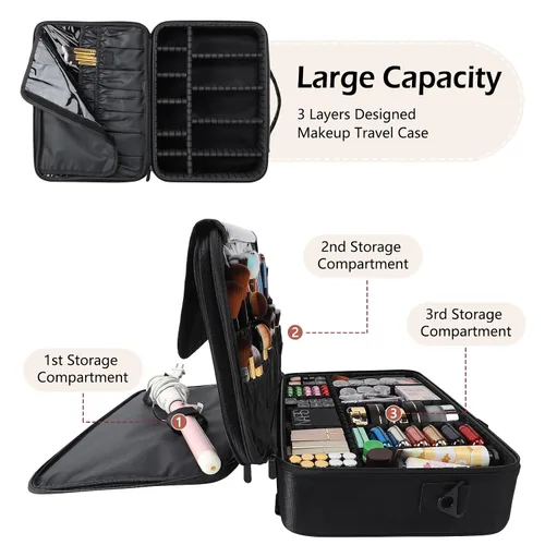 Vista 4 de Gzcz Estuche de viaje para maquillaje, profesional, 16 pulgadas, gran capacidad, organizador de brochas, portátil, para artistas, divisores Negro